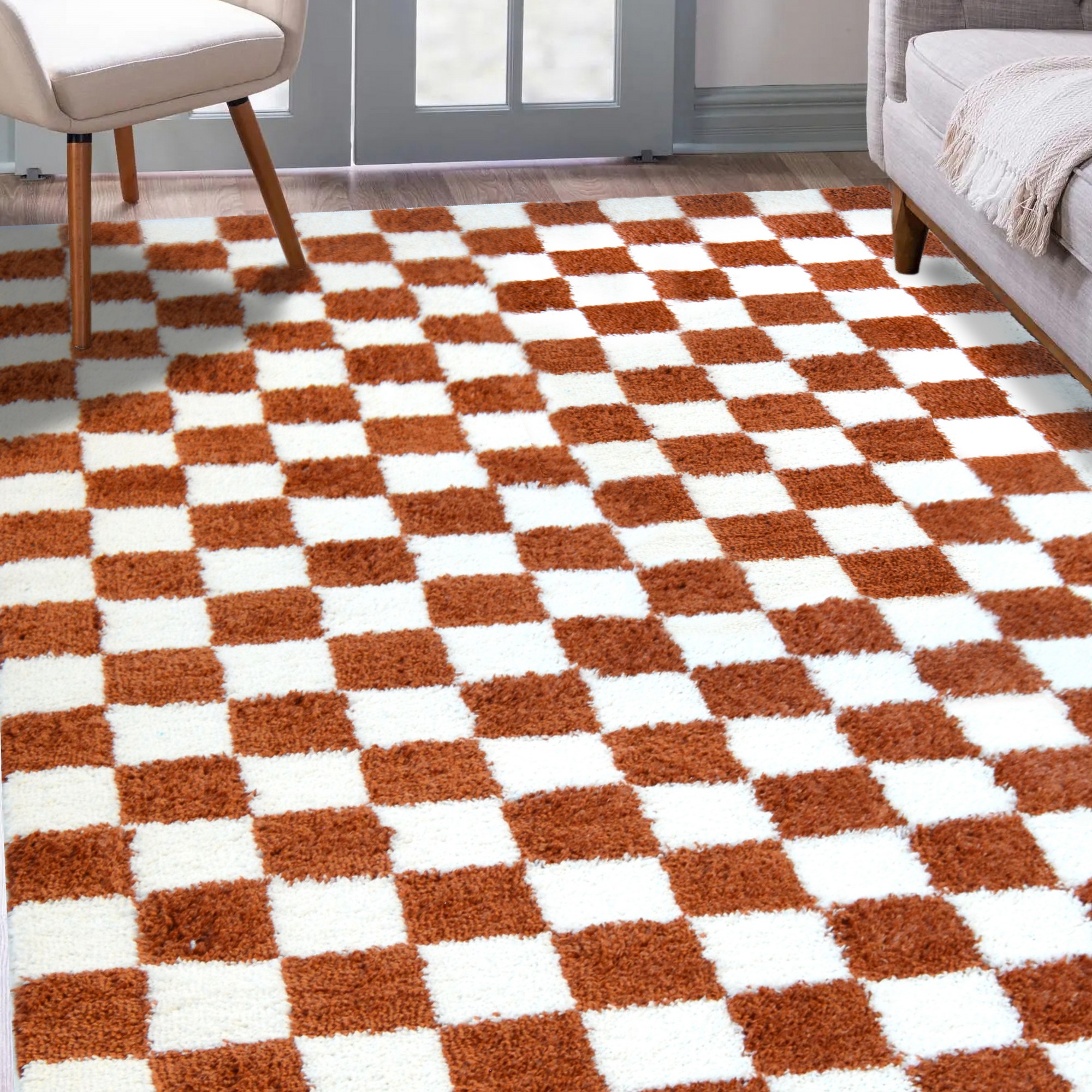 Snug Checks Shaggy Geometric Rugs In Terracotta Orange